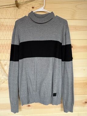 Guess Grey Sweater with Black Wide Stripe Turtleneck